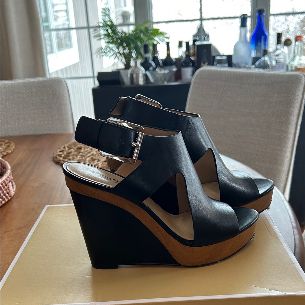 Michael Kors Black and Tan Wedge Sandals